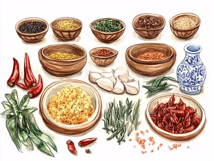 中式多样调料与香料展示
