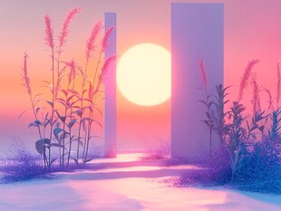 梦幻夕阳下的植物与立柱