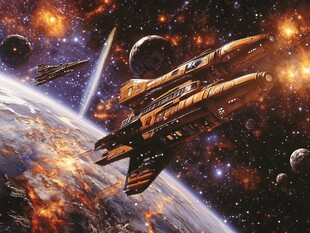 星际飞船在绚烂宇宙中飞行