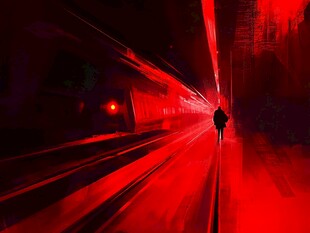 红色隧道中的孤独行人