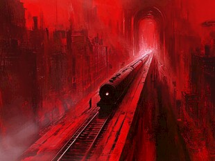 红色隧道中疾驰的神秘列车