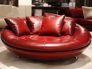 红色圆形真皮沙发配抱枕