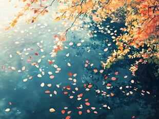 秋日落叶飘于水面美景