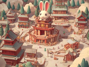 巨型白兔坐镇古风小镇