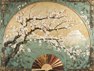 中式古风扇形梅花壁画