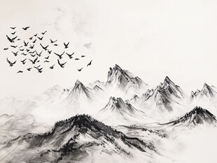 群鸟翔于水墨山峦间