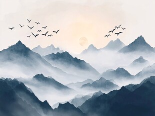 日暮群山飞鸟图