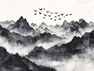 水墨群山飞鸟意境图