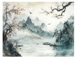水墨山水间 飞鸟伴舟行