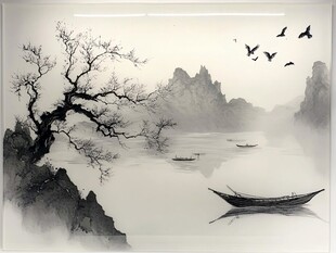 水墨山水孤舟飞鸟图
