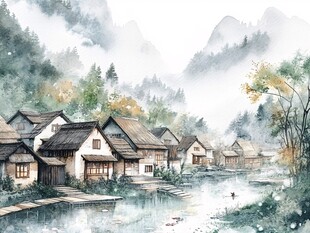 水墨山居图 宁静村落之景