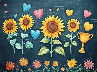 向日葵与奖杯的梦幻插画