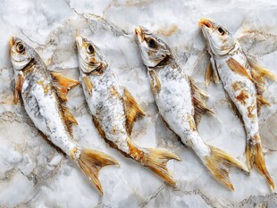 四条干鱼摆放在大理石上