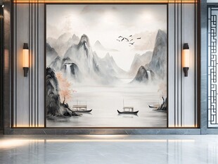 中式山水玄关壁画意境美