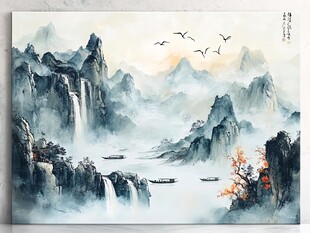 水墨山水间飞鸟伴舟行