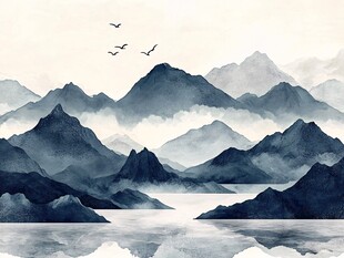 水墨山水间飞鸟掠群山