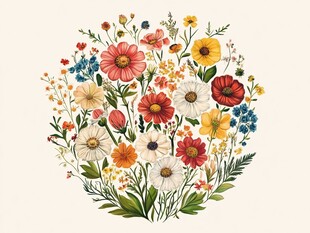 圆形花卉插画 多彩花团锦簇