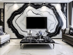 黑白大理石风客厅电视背景墙