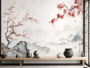 中式梅花山水背景墙装饰