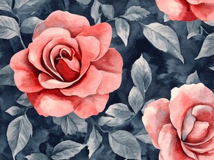 水彩红玫瑰与灰叶图案