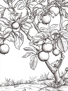 苹果树黑白线稿插画