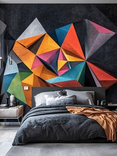 多彩几何壁画装饰的卧室
