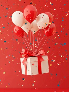 红底礼盒飘气球与彩屑