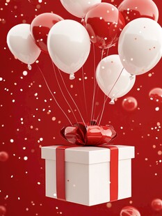 红底飘飞气球与礼盒
