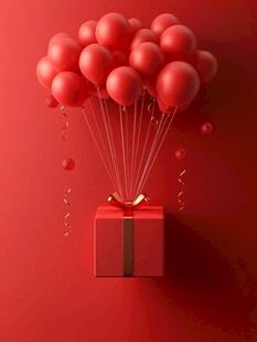 红色气球簇拥的精美礼盒