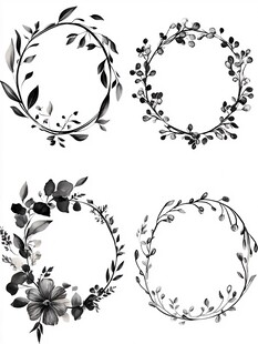 黑白花卉环形装饰图案