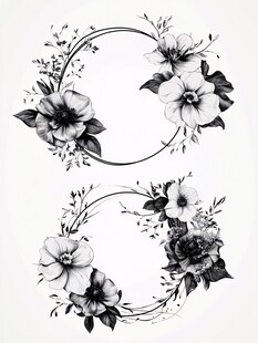 黑白花卉圆环装饰图案
