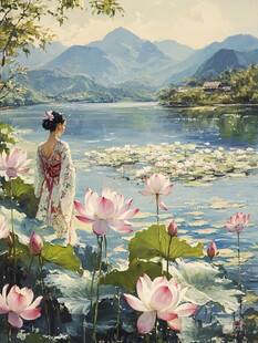 湖畔古装女子赏荷图