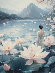 女子湖畔赏荷诗意景致