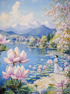 湖畔佳人赏荷诗意美景