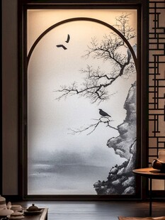 中式禅意屏风山水花鸟图