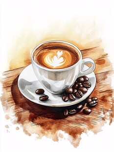 水彩画中的拿铁咖啡与豆子