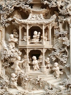 中式木雕人物亭台场景