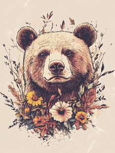 熊与花卉的梦幻插画