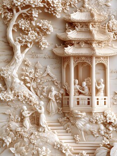 中式木雕景观 亭台人物景致