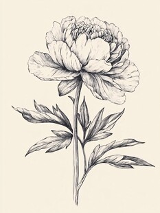 手绘牡丹花单枝黑白插画