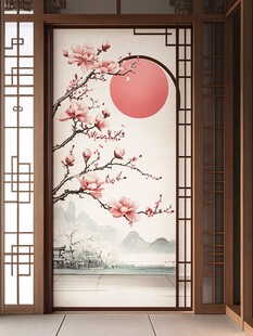 中式屏风上的唯美花鸟圆月图