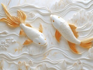 双鲤戏浪浮雕艺术之美