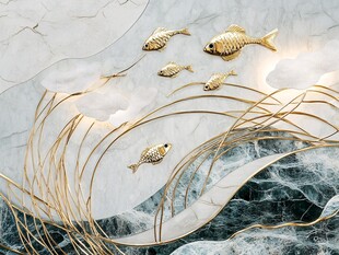 金鲤游弋于大理石纹理间