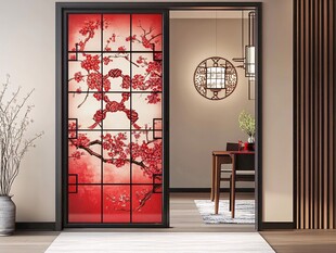 中式红梅花纹玻璃隔断门