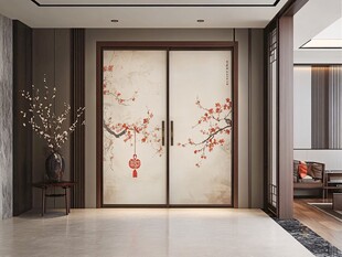 中式花鸟图案双开移门
