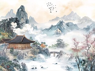中式山水意境古建风景画