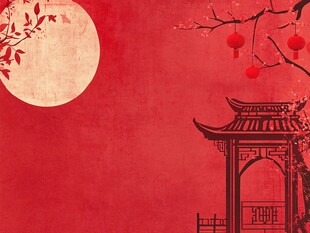 中式月夜亭景红色背景图