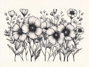黑白花卉插画 线条精致