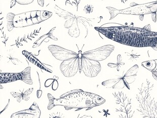 手绘水生生物与昆虫图案