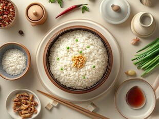 一碗喷香米饭与多样佐料